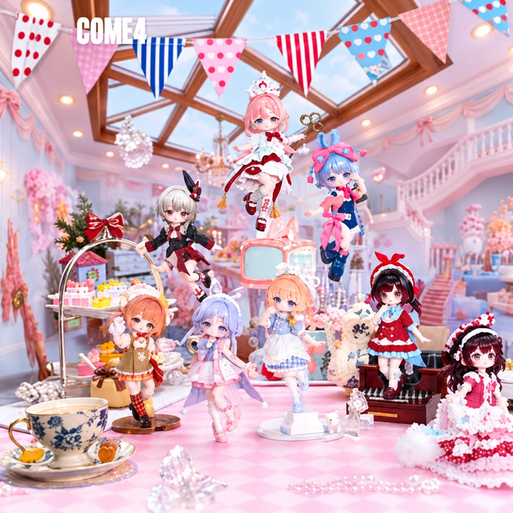 Colorful blind-box character display in a pastel room